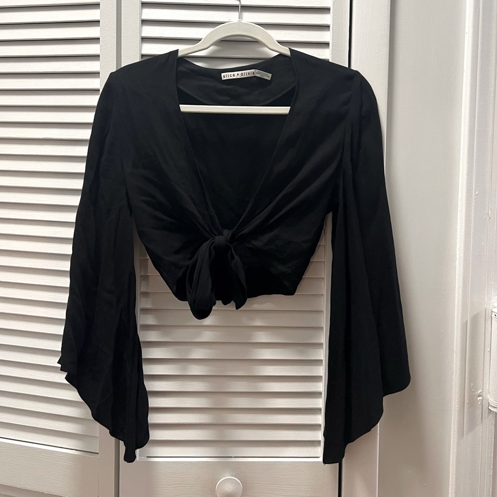 Alice + Olivia tie front bell sleeve top in black XS